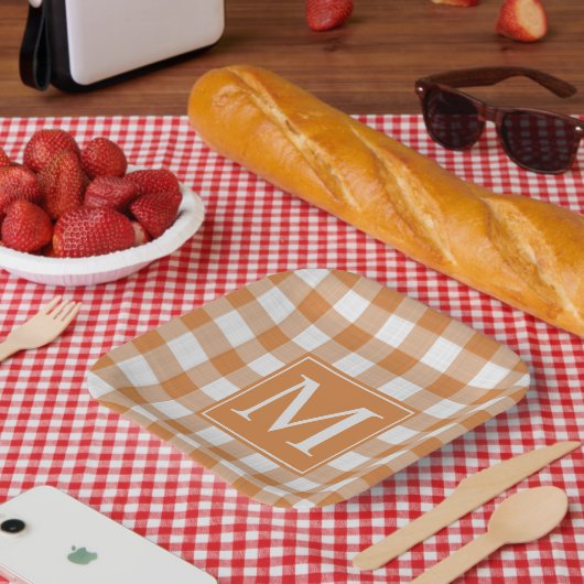 Aangepaste Pompoen Sinaasappel Gingham Pattern Papieren Bordje (Picknick)