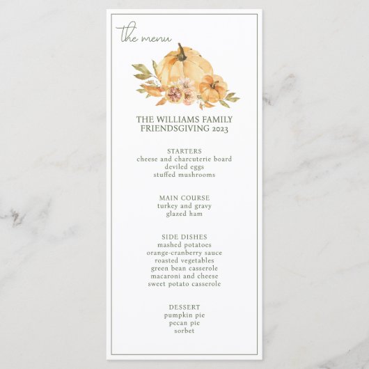 Aangepaste pompoen Thanksgiving Friendsgiving Dine Menu (Voorkant)