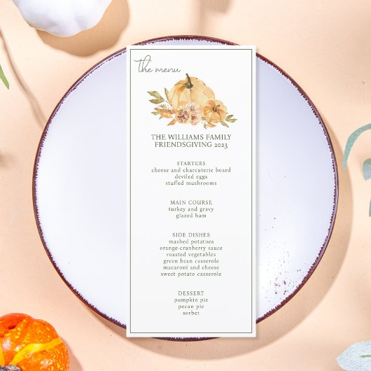 Aangepaste pompoen Thanksgiving Friendsgiving Dine Menu