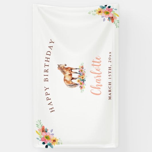 Aangepaste Pony Verjaardag Schattige Paard Bloemen Spandoek (Verticaal)