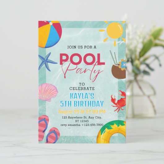 Aangepaste Pool Party Verjaardag Zomer Meisjes Ver Kaart (Staand voorkant)