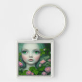 Aangepaste Pop Surrealisme Groene Roosstruik Meisj Sleutelhanger (Voorkant)