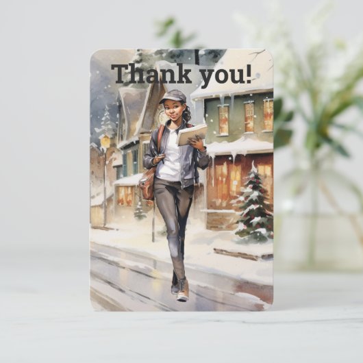 Aangepaste postbode Vrouw Brief Carrier Kerstmis Bedankkaart (Staand voorkant)