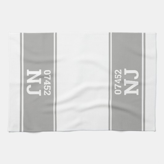 Aangepaste postcode & staat housewarming gift grij theedoek (Horizontaal)