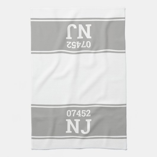 Aangepaste postcode & staat housewarming gift grij theedoek (Verticaal)