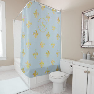 Aangepaste preppy goud & blauwe Fleur de Lis Douchegordijn
