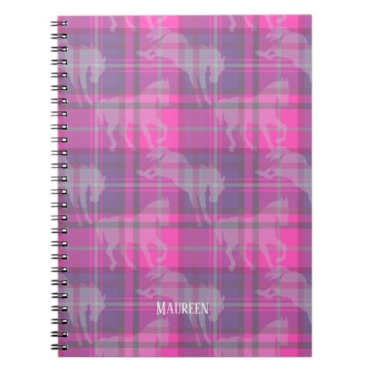 Aangepaste preppy roze paarse paardentartan notitieboek (Voorkant)