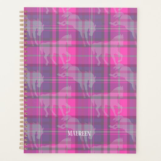 Aangepaste preppy roze paarse paardentartan planner (Voorkant)