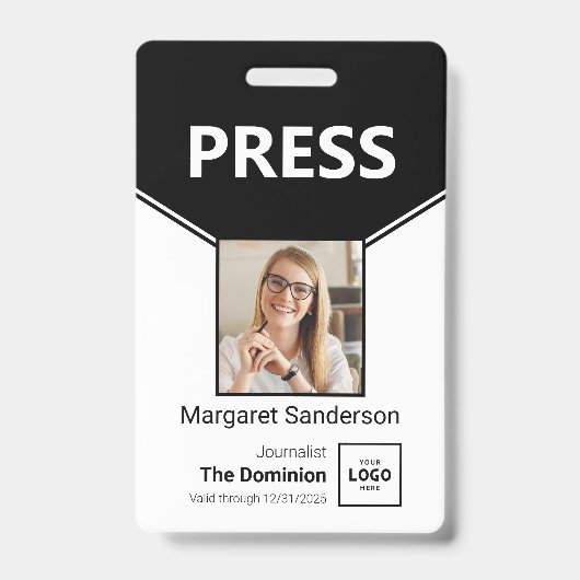 Aangepaste Press ID-badge met foto- en QR-code Badge (Voorzijde)