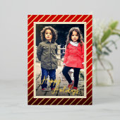 Aangepaste pret rode goud pepermunt snoepstripes folie feestdagenkaart (Staand Voorkant)