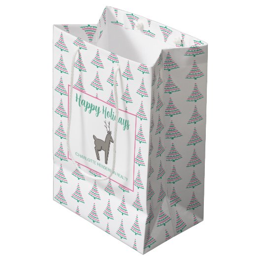 Aangepaste prettige feestdagen kerstboom medium cadeauzakje (Voorkant Gekanteld)