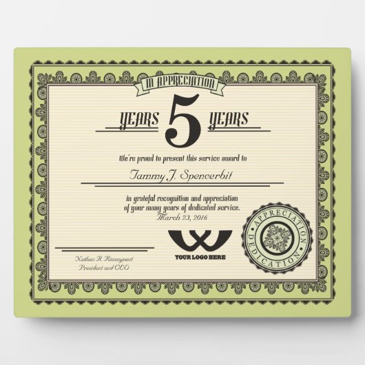 Aangepaste prijs voor vijf jaar arbeidsbemiddeling fotoplaat (Voorkant)