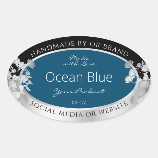 Aangepaste productetiketten Ocean Blue met Silver  Ovale Sticker (Voorkant)