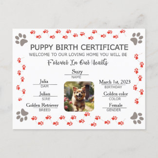 Aangepaste Puppy Geboortecertificaat Feestdagenkaart