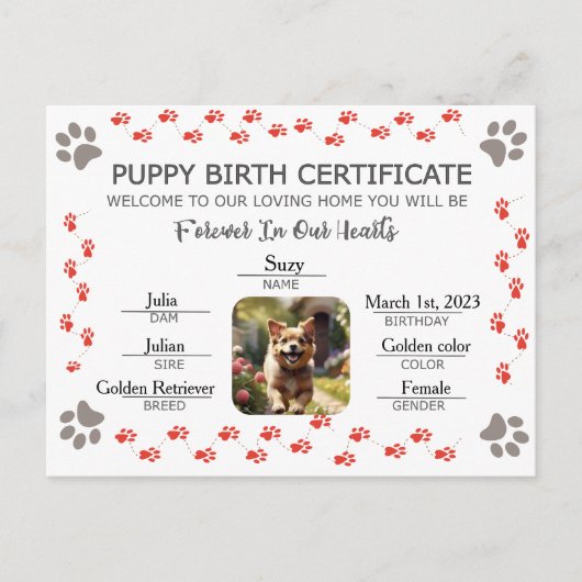 Aangepaste Puppy Geboortecertificaat Feestdagenkaart (Voorkant)