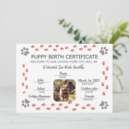 Aangepaste Puppy Geboortecertificaat Kaart (Staand voorkant)