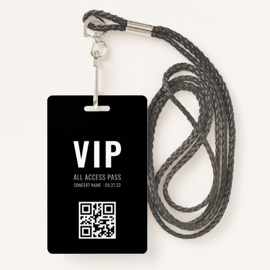 Aangepaste QR Code Black White VIP All Access Pass Badge (Voorkant met draagriem)