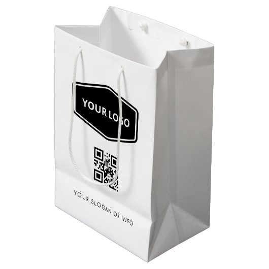 Aangepaste QR-code en Zakelijke Logo Wit Promotion Medium Cadeauzakje (Voorkant Gekanteld)