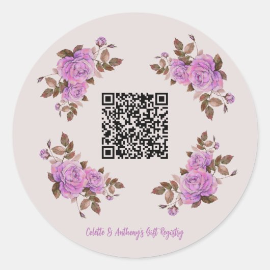 Aangepaste QR-code Floral Lijst Wedding Gift Regis Ronde Sticker (Voorkant)