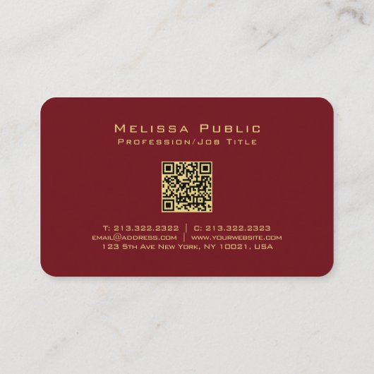 Aangepaste QR Code Gold Tekstnaam Script Ruby Red Visitekaartje (Achterkant)