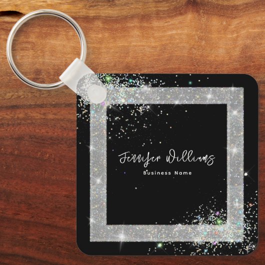 Aangepaste QR-code Holographic Glitter Black Sleutelhanger (Voorkant)