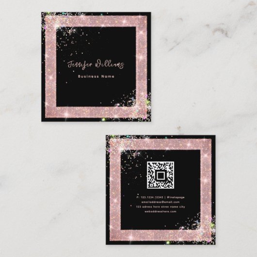 Aangepaste QR Code Holographic Glitter Mode Black Vierkante Visitekaartje (Voorkant / Achterkant)