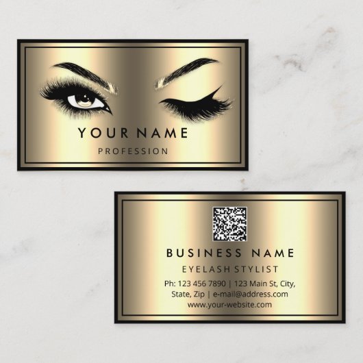 Aangepaste QR CODE Logo Eyelashes Faux Gold Visitekaartje (Voorkant / Achterkant)