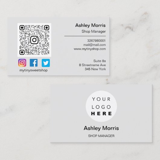 Aangepaste QR-code Logo sociaal online winkelgrijs Visitekaartje (Voorkant / Achterkant)