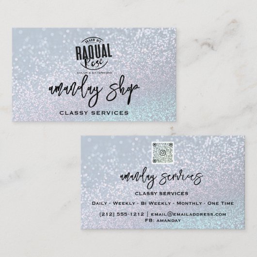Aangepaste Qr-code Logo Sociale media Glitter Blau Visitekaartje (Voorkant / Achterkant)