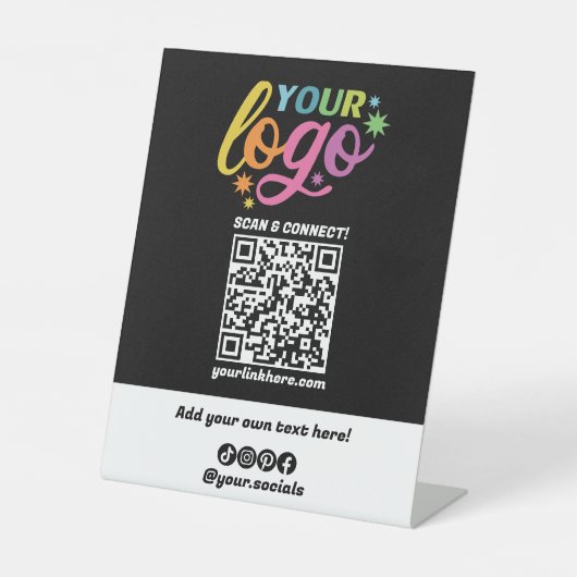 Aangepaste QR Code Logo Socials Zwart Wit Regenboo Reclamebord Met Voetstuk (Voorkant)
