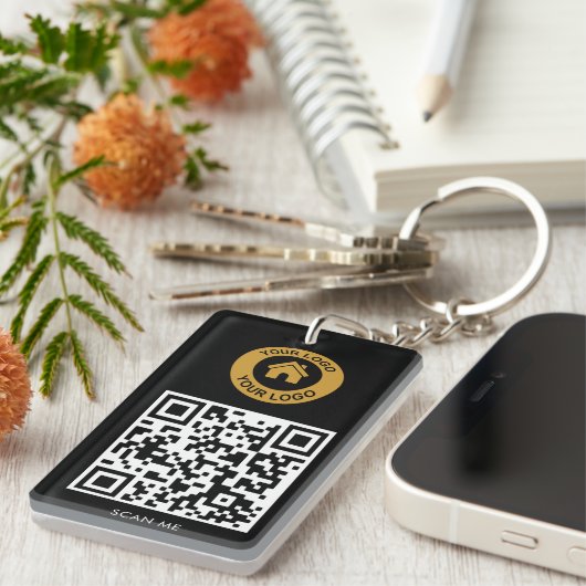 Aangepaste QR-code Logo Tekst elegant zwart-wit Sleutelhanger (Voorkant Rechts)