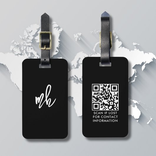 Aangepaste QR-code Monogram Minimaal Zwart-Wit Bagagelabel
