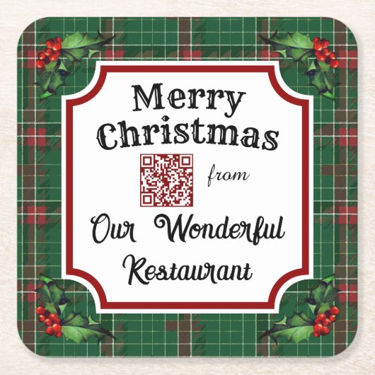 Aangepaste QR-code Restaurant Christmas Green Plai Kartonnen Onderzetters (Voorkant)