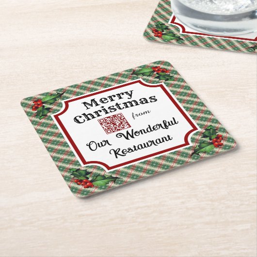 Aangepaste QR-code Restaurant Christmas Plaid Kartonnen Onderzetters (Schuin)