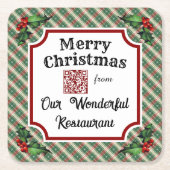 Aangepaste QR-code Restaurant Christmas Plaid Kartonnen Onderzetters (Voorkant)