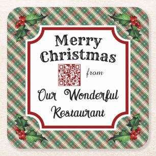 Aangepaste QR-code Restaurant Christmas Plaid Kartonnen Onderzetters