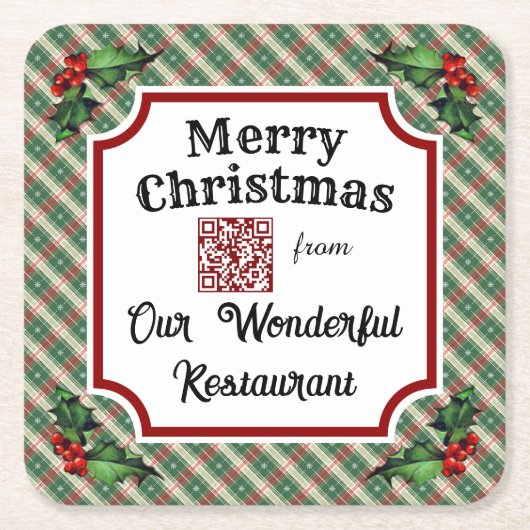 Aangepaste QR-code Restaurant Christmas Plaid Kartonnen Onderzetters (Voorkant)