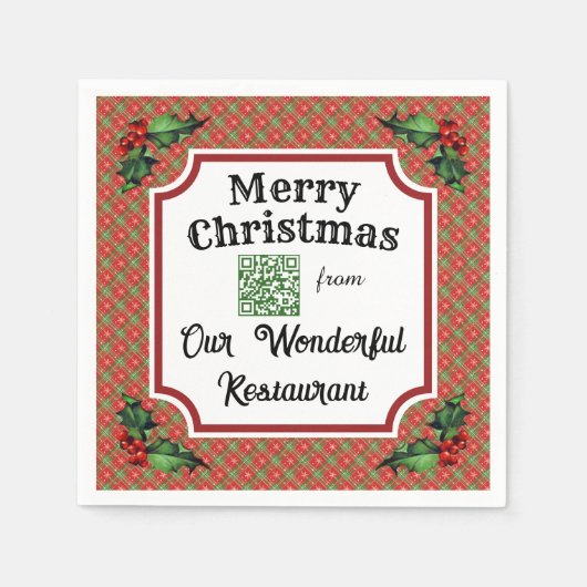 Aangepaste QR-code Restaurant Christmas Plaid Servet (Voorkant)