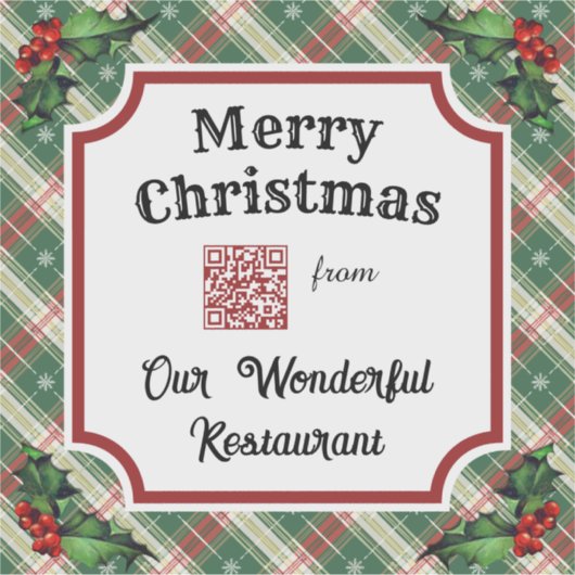 Aangepaste QR-code Restaurant Christmas Plaid Sticker (Voorkant)