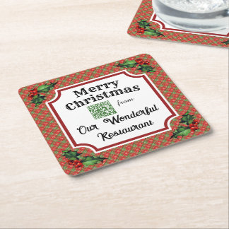 Aangepaste QR Code Restaurant Kerst Rood Plaid Kartonnen Onderzetters