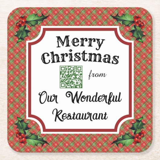 Aangepaste QR Code Restaurant Kerst Rood Plaid Kartonnen Onderzetters (Voorkant)