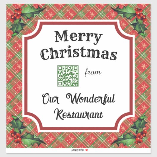 Aangepaste QR Code Restaurant Kerst Rood Plaid Sticker (Vel)