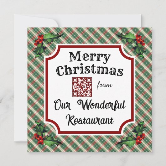 Aangepaste QR-code restaurant Kerstmis Plaid Feestdagenkaart (Voorkant)