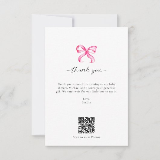 Aangepaste QR-code voor bruidsdouche met roze stri Bedankkaart (Voorkant)