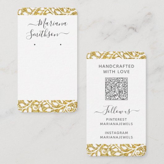 Aangepaste QR-code witte gouden oorbellen displayk Visitekaartje (Voorkant / Achterkant)