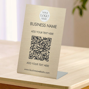 Aangepaste QR-code Zakelijk Logo Modern Gouden Taf Reclamebord Met Voetstuk