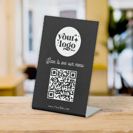 Aangepaste QR Code Zwart Menu Uw Restaurant Logo Reclamebord Met Voetstuk