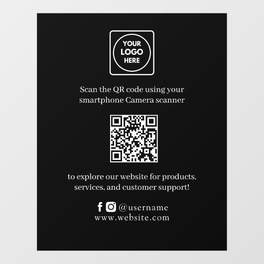 Aangepaste QR-code | Zwarte moderne bedrijfsdispla Raamsticker (Vel)