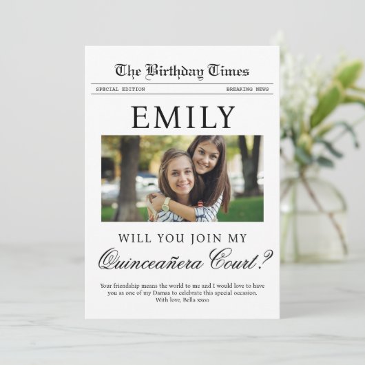 Aangepaste Quinceañera Hof voorstel krant Kaart (Staand voorkant)