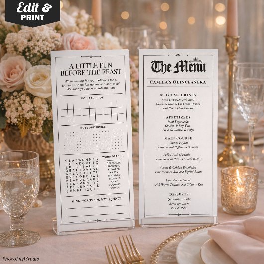 Aangepaste Quinceañera Menu, Zwart Wit Interactief Menu